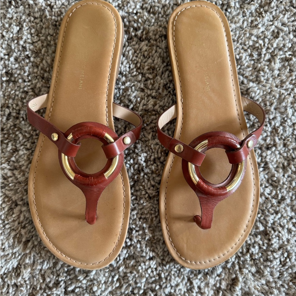 ANTONIO MELANI Tan and Brown Sandals with gold ring. Size 9.5